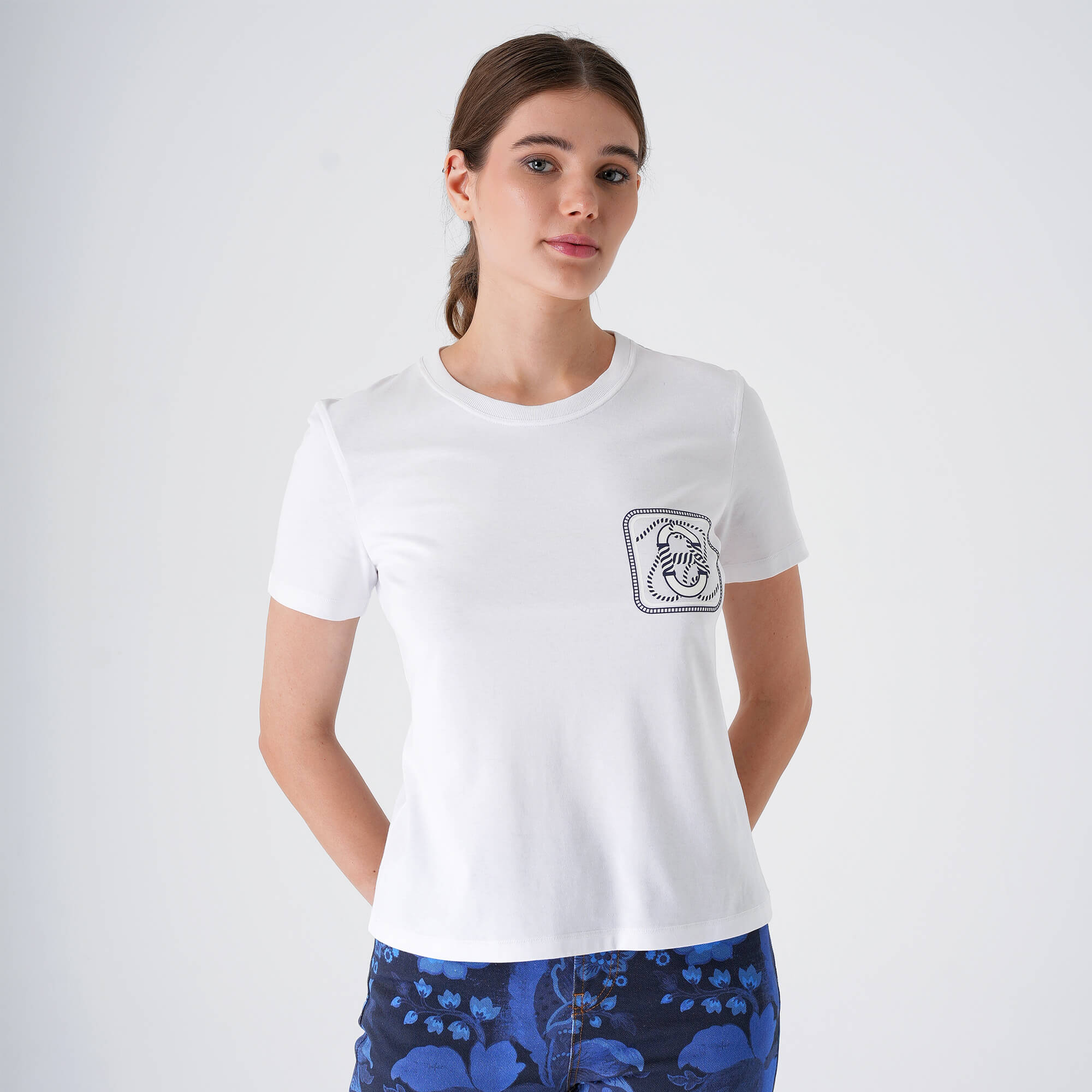 Hermes - White&Navy Canoe Print Tshirt